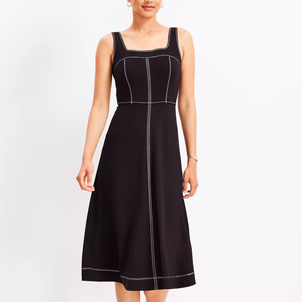 LOFT Topstitched Square Neck Midi Dress